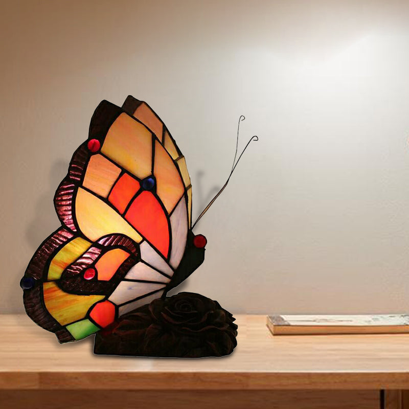 Tiffany Style Stained Glass Butterfly Table Lamp - Multicolored Shade With Green/Blue/Red 1 Light