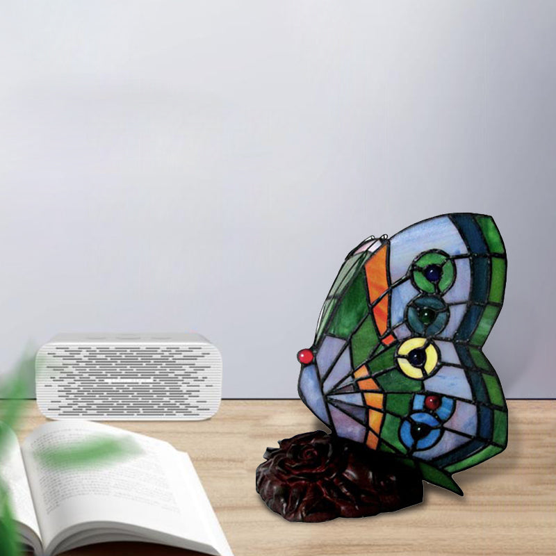 Tiffany Style Stained Glass Butterfly Table Lamp - Multicolored Shade With Green/Blue/Red 1 Light