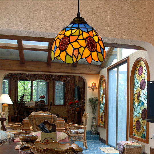 Tiffany-Style Hand Cut Glass Pendant Ceiling Light - Green/Orange Flare Design, Ideal for Living Room