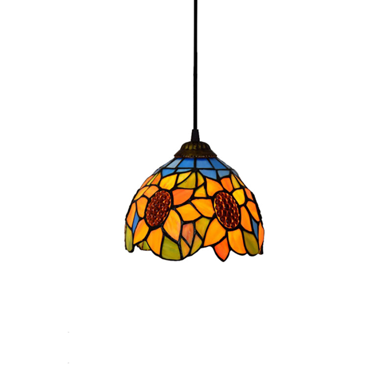 Tiffany-Style Hand Cut Glass Pendant Ceiling Light - Green/Orange Flare Design, Ideal for Living Room