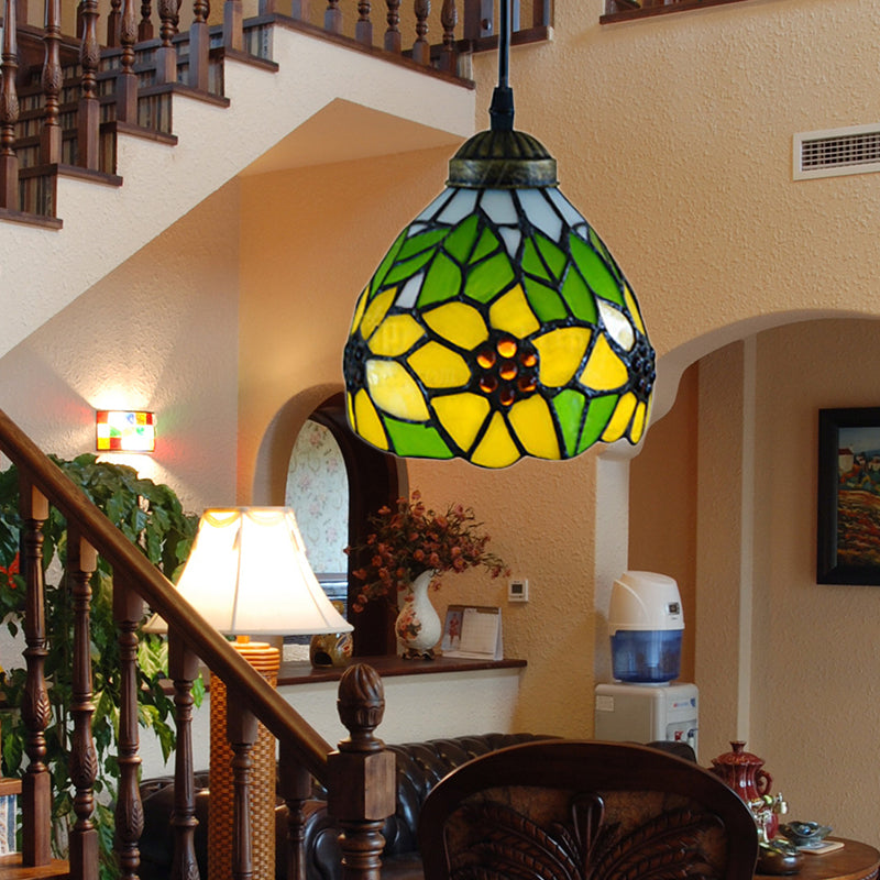 Tiffany-Style Hand Cut Glass Pendant Ceiling Light For Living Room - Green/Orange Flare Design Green