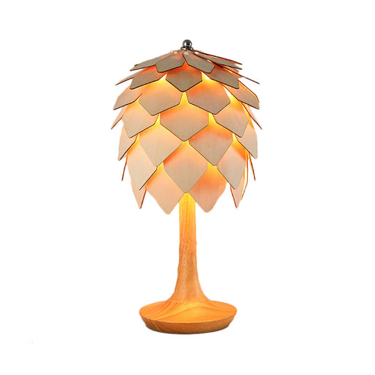 Contemporary Wooden Pine Cone Table Lamp In Beige - Bedroom Lighting