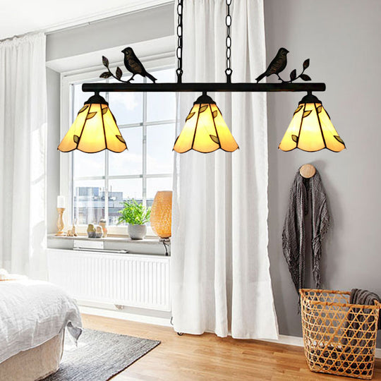 Tiffany Style Cone Stainless Glass Island Lighting: Stylish 3-Light Beige Chandelier With Bird