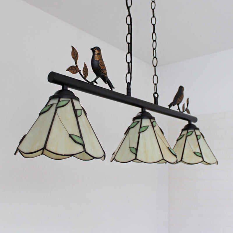 Tiffany Style Cone Stainless Glass Island Lighting: Stylish 3-Light Beige Chandelier With Bird