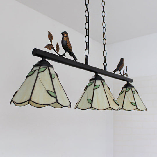 Tiffany Style Cone Stainless Glass Island Lighting: Stylish 3-Light Beige Chandelier With Bird