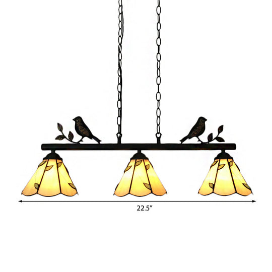 Tiffany Style Cone Stainless Glass Island Lighting: Stylish 3-Light Beige Chandelier With Bird