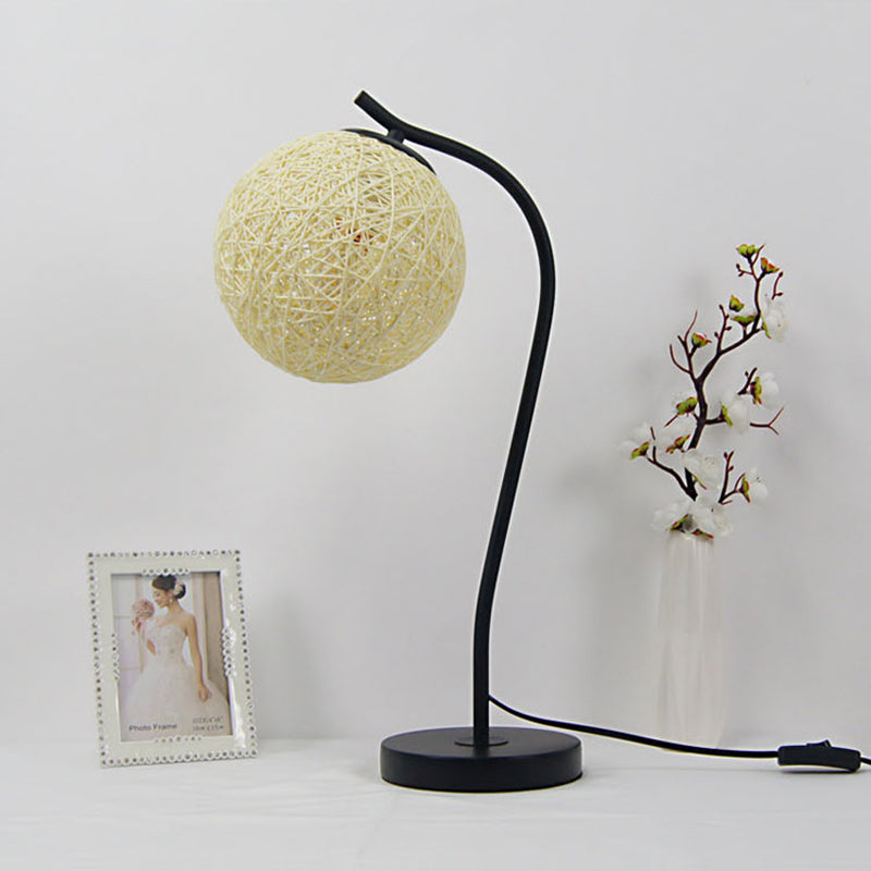 Handmade Yellow/Ivory Rattan Table Lamp - Countryside Style 1-Light With Ball Shade For Bedroom