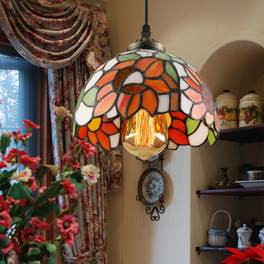 Tiffany-Style Stained Art Glass Hemisphere Pendant Lamp - Red/Orange/Green - Ceiling Hanging Light