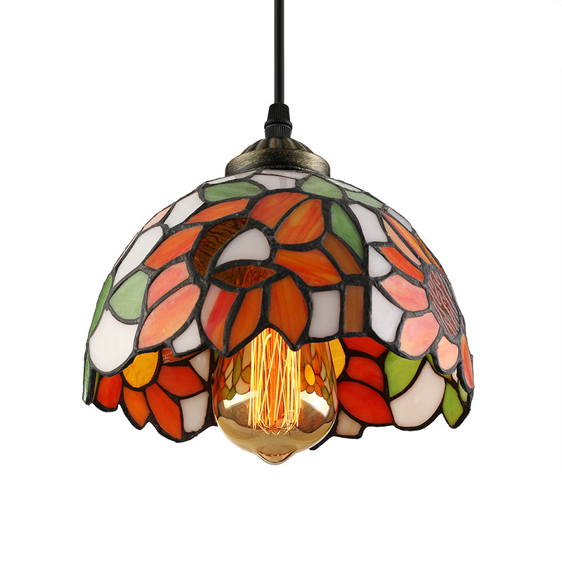 Tiffany-Style Stained Art Glass Hemisphere Pendant Lamp - Red/Orange/Green - Ceiling Hanging Light