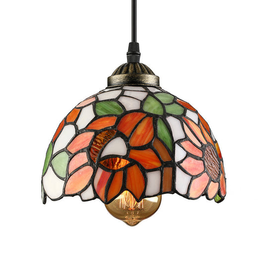 Tiffany-Style Stained Art Glass Hemisphere Pendant Lamp - Red/Orange/Green - Ceiling Hanging Light