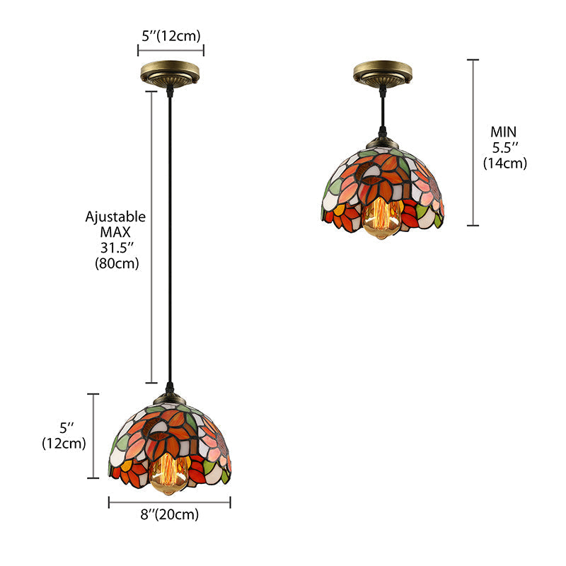 Tiffany-Style Stained Art Glass Hemisphere Pendant Lamp - Red/Orange/Green - Ceiling Hanging Light