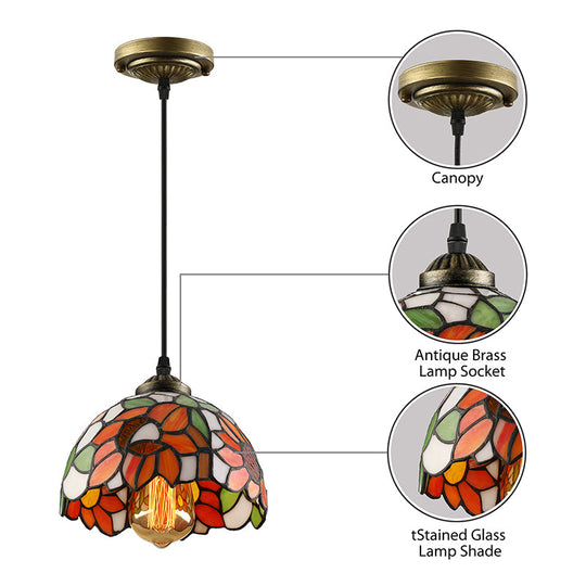 Tiffany-Style Stained Art Glass Hemisphere Pendant Lamp - Red/Orange/Green - Ceiling Hanging Light