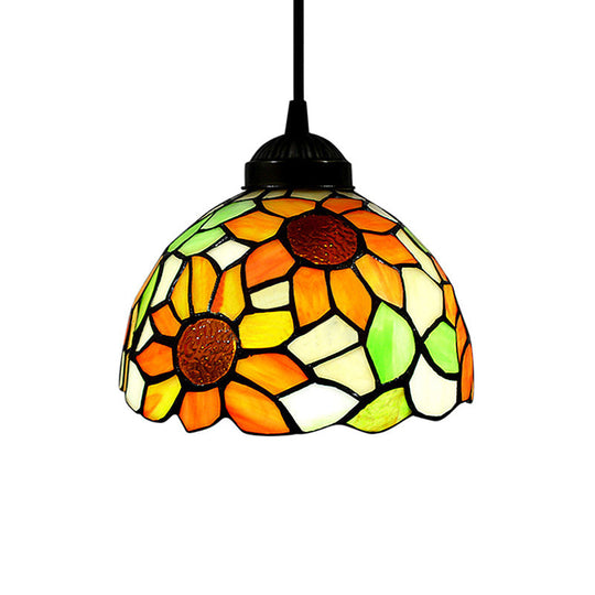 Tiffany-Style Stained Art Glass Hemisphere Pendant Lamp - Red/Orange/Green - Ceiling Hanging Light