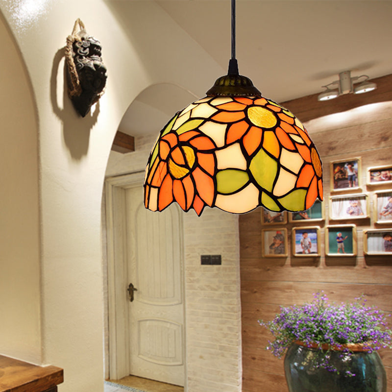 Tiffany-Style Stained Art Glass Hemisphere Pendant Lamp - Red/Orange/Green - Ceiling Hanging Light