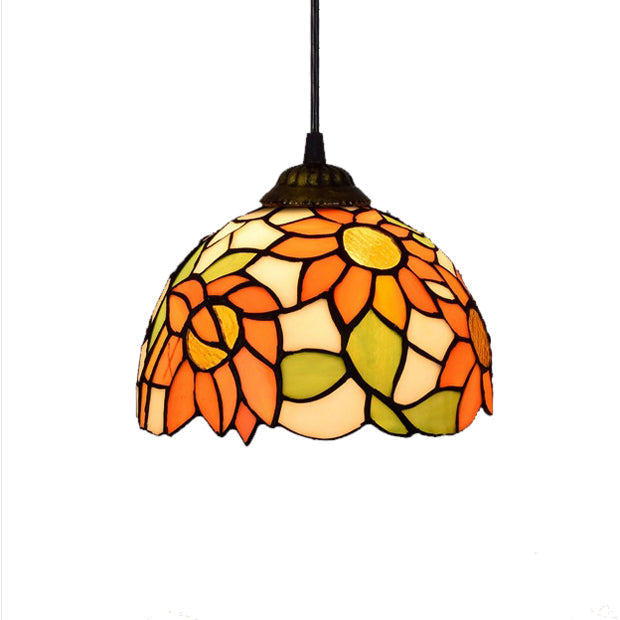 Tiffany-Style Stained Art Glass Hemisphere Pendant Lamp - Red/Orange/Green - Ceiling Hanging Light