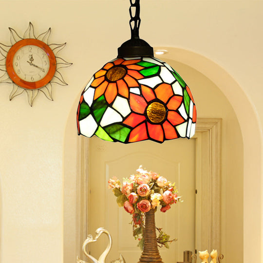 Tiffany-Style Stained Art Glass Hemisphere Pendant Lamp - Red/Orange/Green - Ceiling Hanging Light