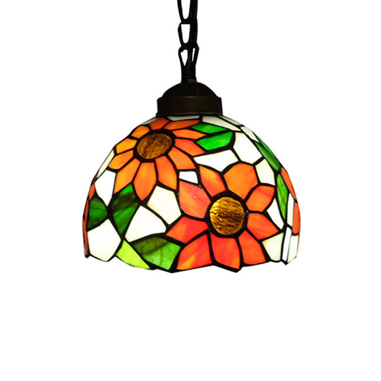 Tiffany-Style Stained Art Glass Hemisphere Pendant Lamp - Red/Orange/Green - Ceiling Hanging Light