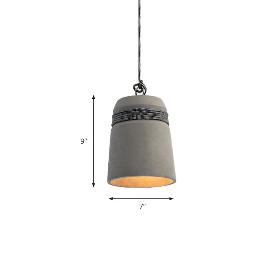 Industrial Concrete Bell Shade Pendant Ceiling Light - 1 Light Grey Hanging Ceiling Fixture with Rope Accent