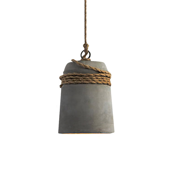 Industrial Concrete Bell Shade Pendant Ceiling Light - 1 Light Grey Hanging Ceiling Fixture with Rope Accent