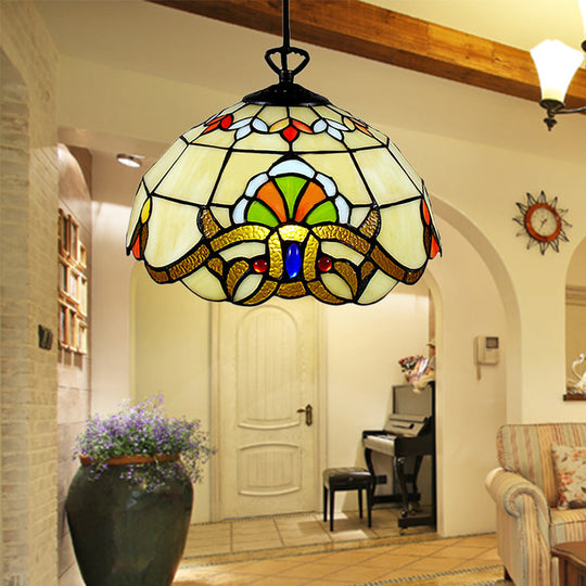 Stained Glass Victorian Kitchen Island Pendant Light - Adjustable Floral Ceiling Fixture In Yellow