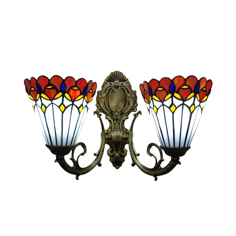 Peacock Stained Glass Tiffany Wall Sconce Light With Conical Mount - Set Of 2