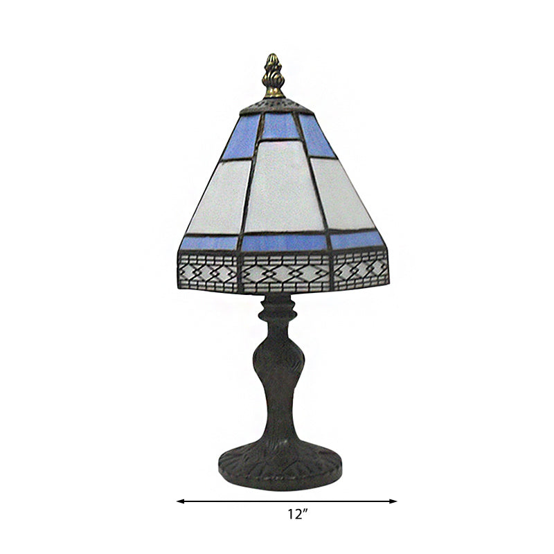 Tiffany Style Beige/Blue Conical Table Light - 1 Head Bedside Lighting