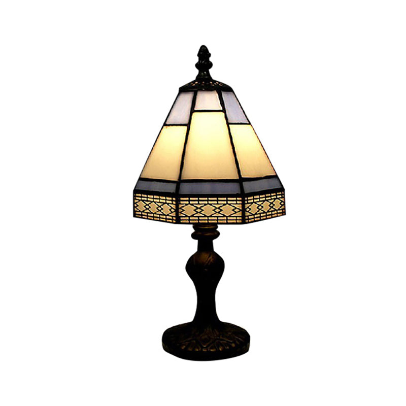 Tiffany Style Beige/Blue Conical Table Light - 1 Head Bedside Lighting