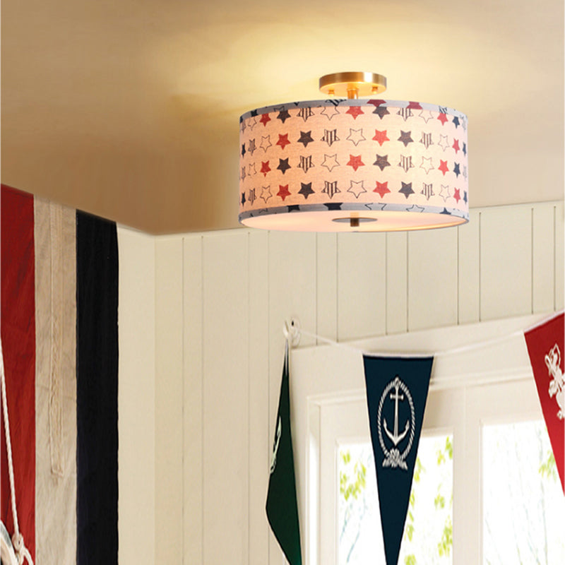 Contemporary Round Fabric Ceiling Lamp For Childs Bedroom - Semi Flushmount Light Red / Star