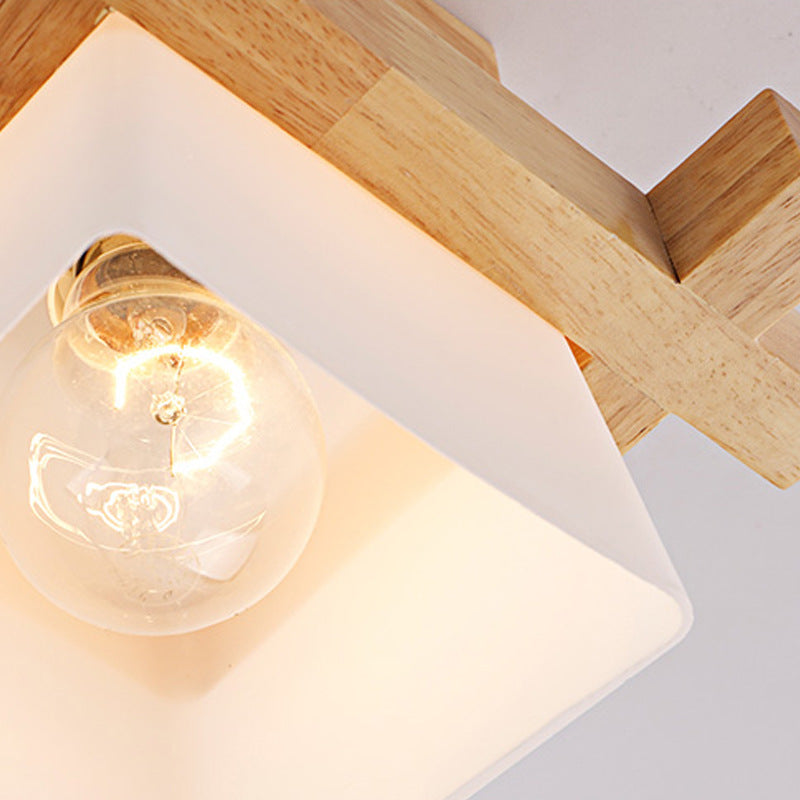 Trapezoid Opal Glass Pendant Light With Wood Deco Japanese Style Ceiling Lamp For Bedroom