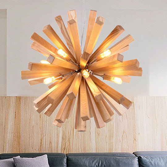 Starburst Chandelier Pendant Light Modernism Wood 14"/20.5"/28" Dia LED Beige Hanging Ceiling Light