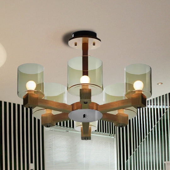 Industrial Wood Cylinder Chandelier With Radial Design - 4/6/8 Lights Amber Glass Hanging Pendant