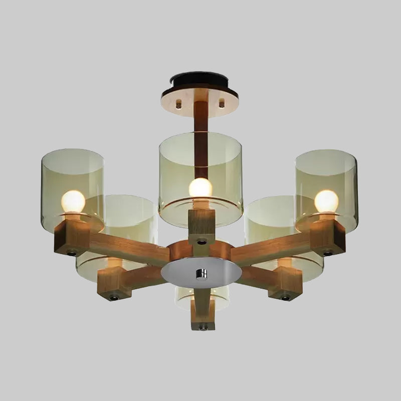 Industrial Wood Cylinder Chandelier With Radial Design - 4/6/8 Lights Amber Glass Hanging Pendant