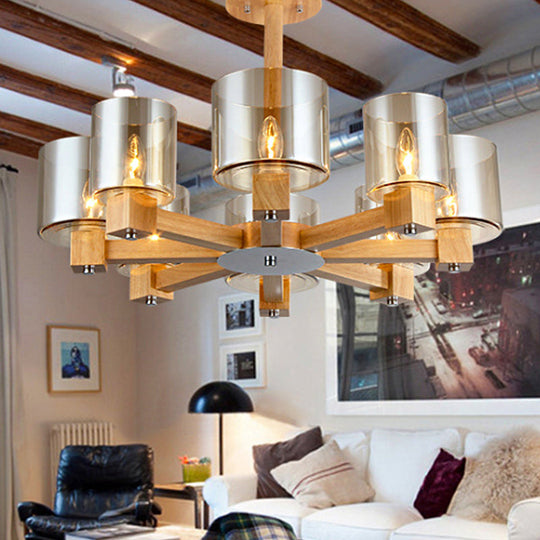 Industrial Wood Cylinder Chandelier With Radial Design - 4/6/8 Lights Amber Glass Hanging Pendant