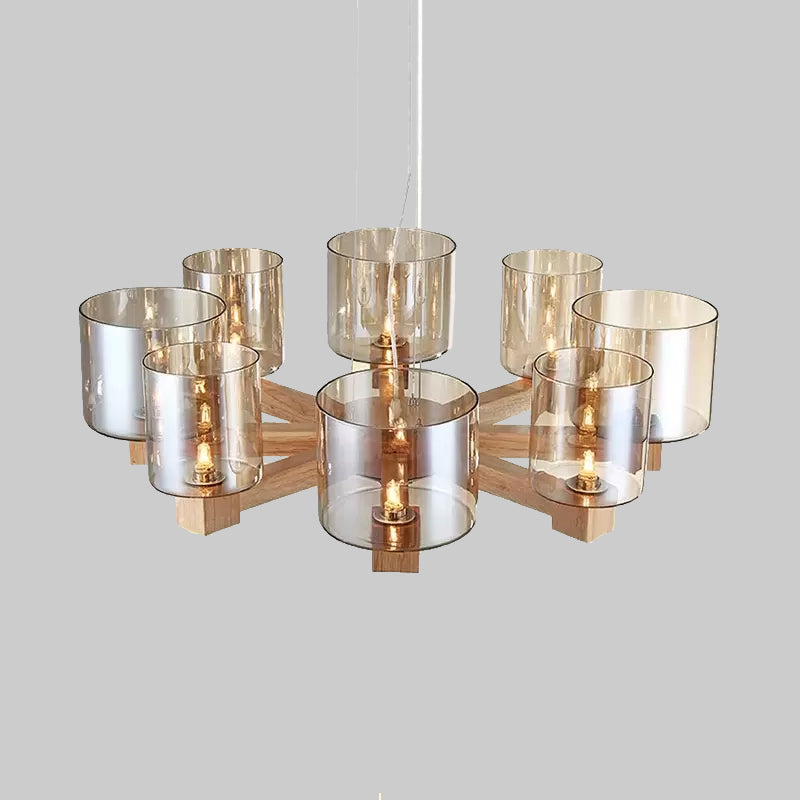 Industrial Wood Cylinder Chandelier With Radial Design - 4/6/8 Lights Amber Glass Hanging Pendant