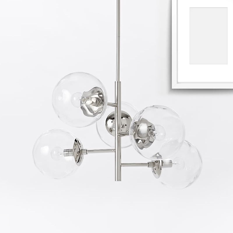 Contemporary Chrome Sphere Chandelier - 5-Light Clear Glass Pendant Fixture