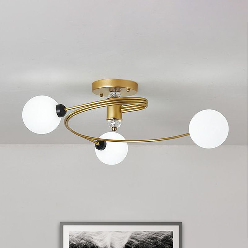 Sleek Gold Spiral Semi Flush Ceiling Light - Nordic Style with 3/5 Lights & Clear/Milk/White Glass Shade