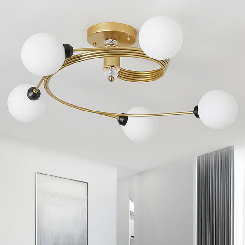 Sleek Gold Spiral Semi Flush Ceiling Light - Nordic Style with 3/5 Lights & Clear/Milk/White Glass Shade