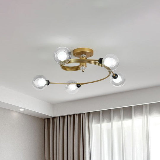 Sleek Gold Spiral Semi Flush Ceiling Light - Nordic Style with 3/5 Lights & Clear/Milk/White Glass Shade