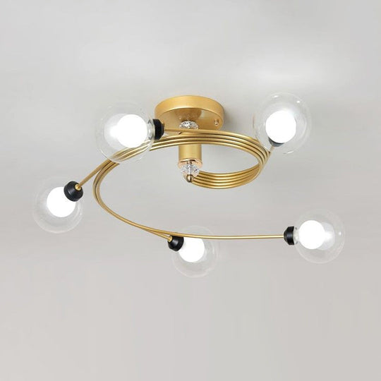 Sleek Gold Spiral Semi Flush Ceiling Light - Nordic Style with 3/5 Lights & Clear/Milk/White Glass Shade