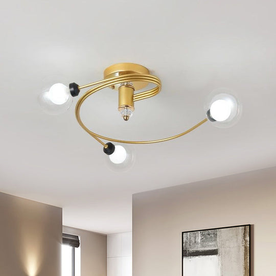 Sleek Gold Spiral Semi Flush Ceiling Light - Nordic Style with 3/5 Lights & Clear/Milk/White Glass Shade