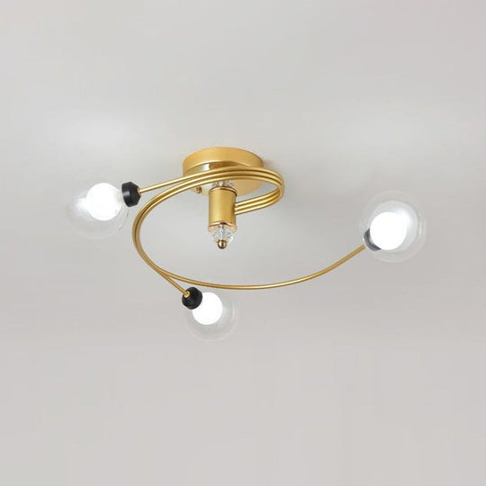 Gold Spiral Semi Flush Nordic Ceiling Light With Clear/Milk/White Glass Shades - 3/5 Lights