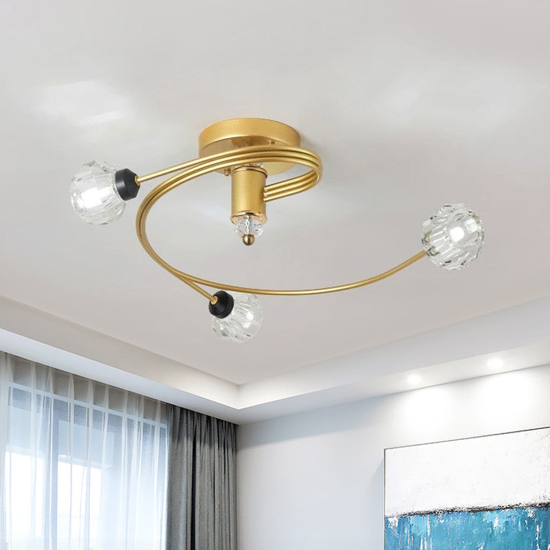 Sleek Gold Spiral Semi Flush Ceiling Light - Nordic Style with 3/5 Lights & Clear/Milk/White Glass Shade