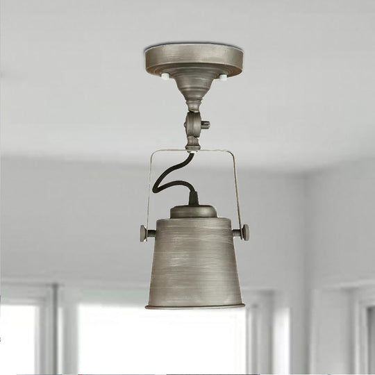 Antique Metal Bucket Shade Ceiling Lamp - Rotatable Semi Flush Pendant Light For Living Rooms 1 Bulb