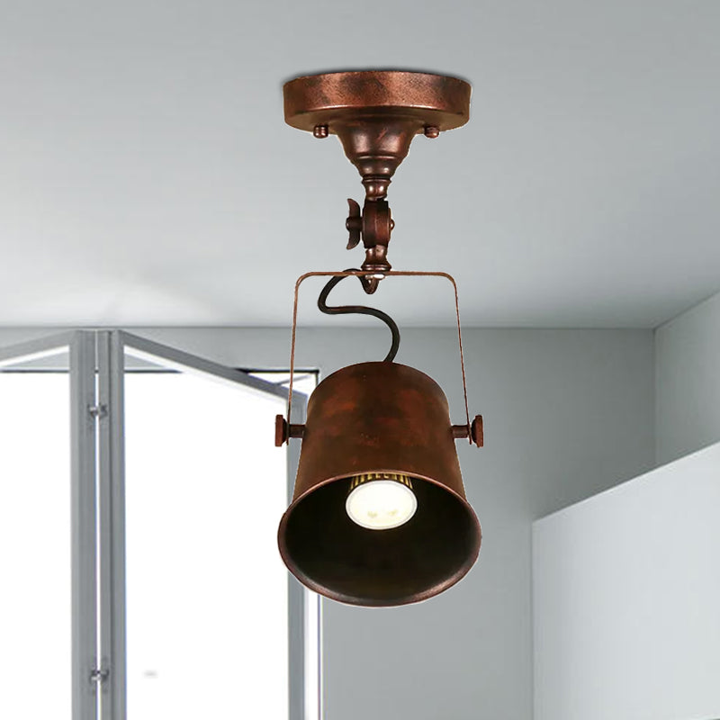 Antique Metal Bucket Shade Ceiling Lamp - Rotatable Semi Flush Pendant Light For Living Rooms 1 Bulb