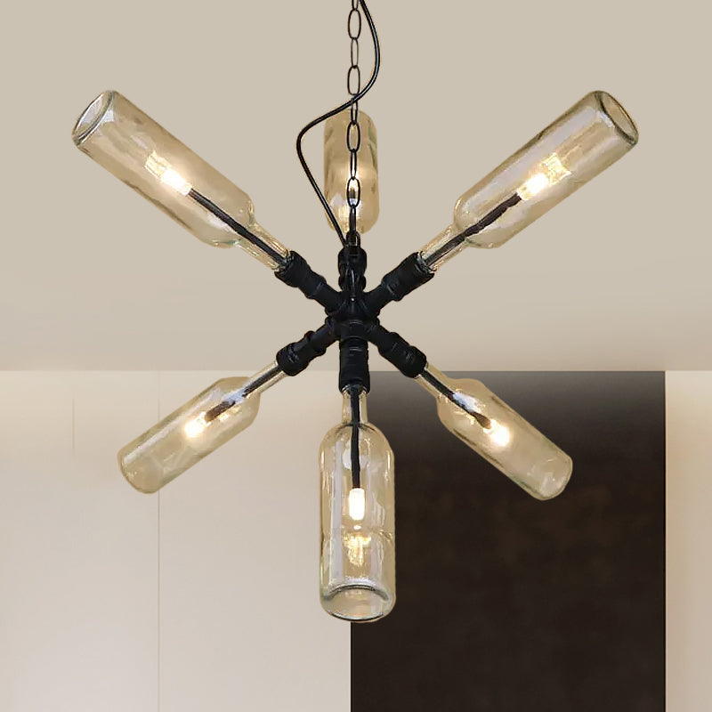 Clear/Blue Glass Pendant Light With Industrial Style Design - Pipe Fixture In Black/Aged Brass 2/4/6