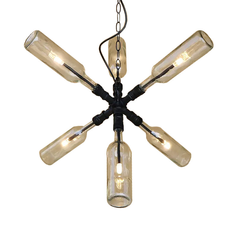 Clear/Blue Glass Pendant Light Bottle Shade - Industrial Style Ceiling Fixture (2/4/6 Lights) with Pipe Design in Black/Aged Brass