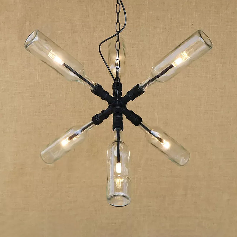 Clear/Blue Glass Pendant Light Bottle Shade - Industrial Style Ceiling Fixture (2/4/6 Lights) with Pipe Design in Black/Aged Brass