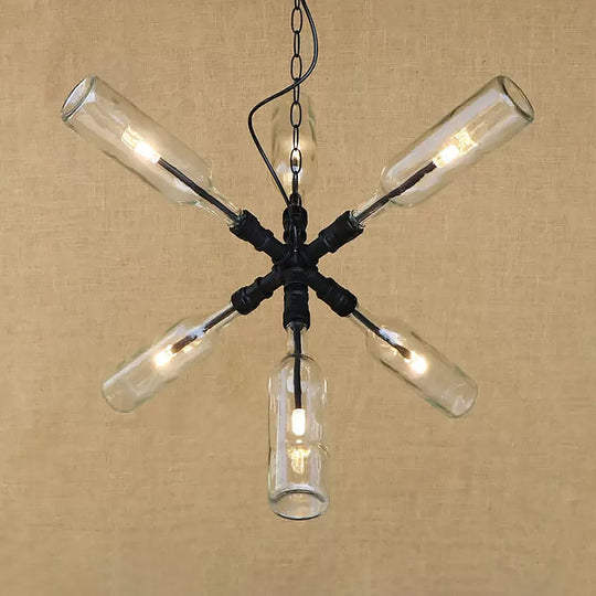 Clear/Blue Glass Pendant Light Bottle Shade - Industrial Style Ceiling Fixture (2/4/6 Lights) with Pipe Design in Black/Aged Brass