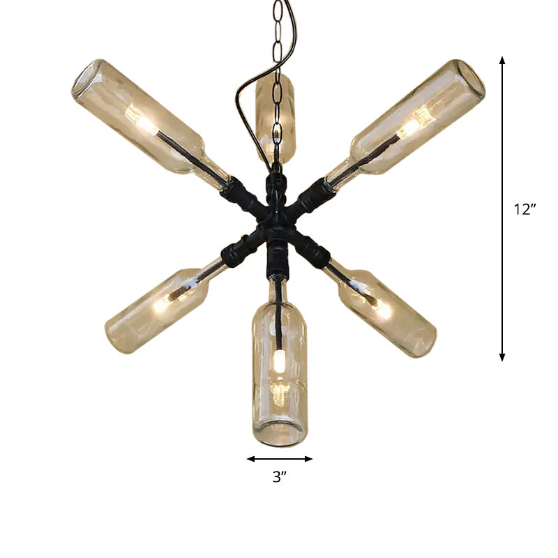 Clear/Blue Glass Pendant Light Bottle Shade - Industrial Style Ceiling Fixture (2/4/6 Lights) with Pipe Design in Black/Aged Brass