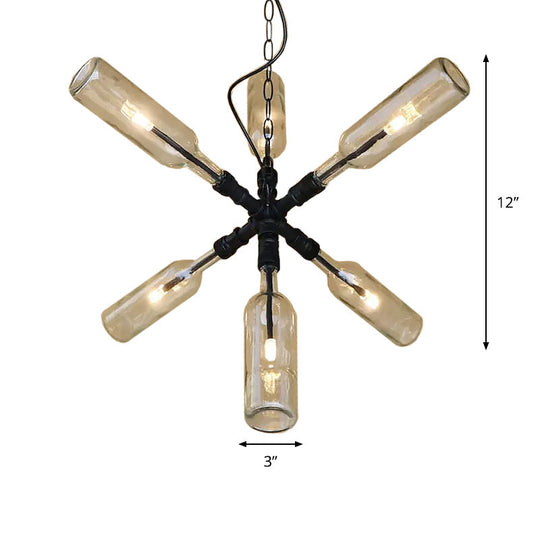 Clear/Blue Glass Pendant Light Bottle Shade - Industrial Style Ceiling Fixture (2/4/6 Lights) with Pipe Design in Black/Aged Brass